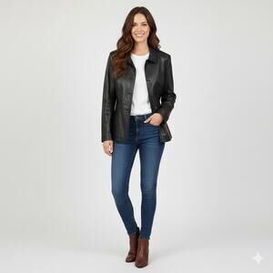 Vintage Alfani Women's Soft Black Leather  Button Down Jacket XL